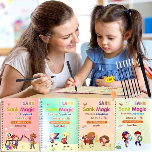 "📖 Sank Magic Practice Book Set – ✍️ Reusable Handwriting Tracing Books for Kids (4 Books + 🖊️ Magic Pen + 5 Ink Refills) 🎨"